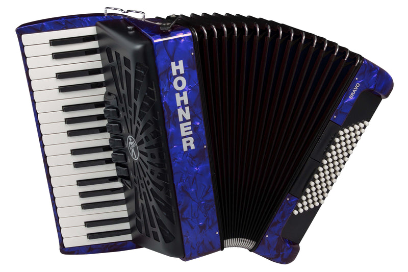 Modèle piano 34 touches à 3 voix, Hohner Bravo III 72 basses de couleur bleu marbré, vue de face
