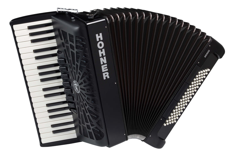 Modèle piano 37 touches à 3 voix, Hohner Bravo III 80 basses de couleur noir mat, vue de face